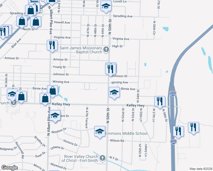 map of restaurants, bars, coffee shops, grocery stores, and more near 4812 Wirsing Avenue in Fort Smith