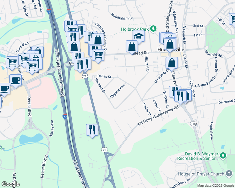 map of restaurants, bars, coffee shops, grocery stores, and more near 107 Virginia Avenue in Huntersville