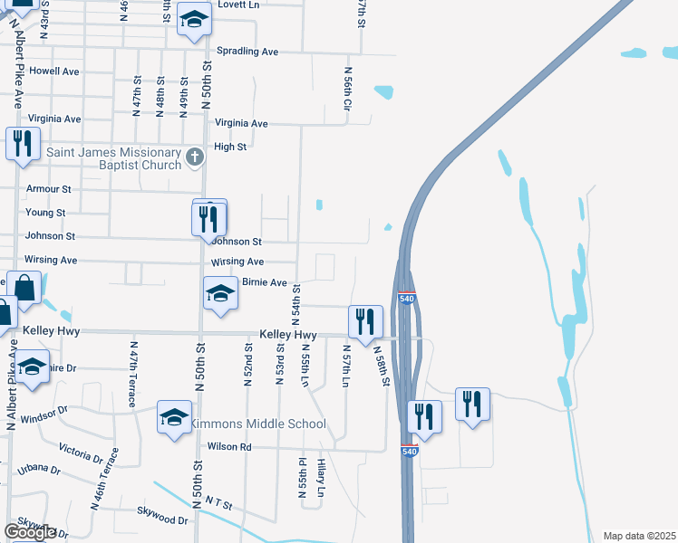 map of restaurants, bars, coffee shops, grocery stores, and more near 2708 North 56th Circle in Fort Smith