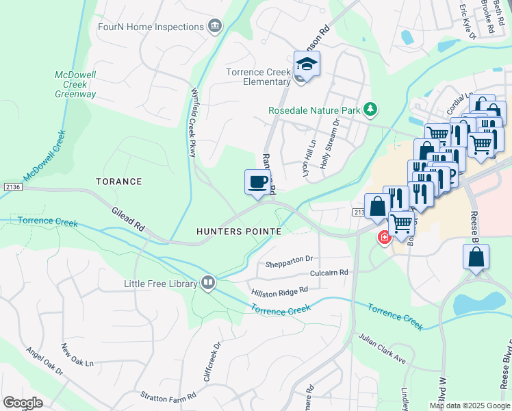 map of restaurants, bars, coffee shops, grocery stores, and more near Gilead Road in Huntersville