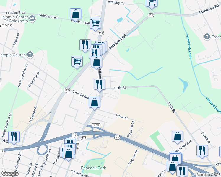 map of restaurants, bars, coffee shops, grocery stores, and more near 804 East 11th Street in Goldsboro