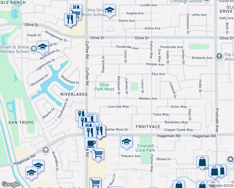 map of restaurants, bars, coffee shops, grocery stores, and more near 5117 Westpark Street in Bakersfield