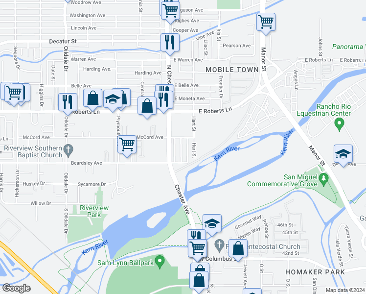 map of restaurants, bars, coffee shops, grocery stores, and more near 132 Hopkins Avenue in Bakersfield