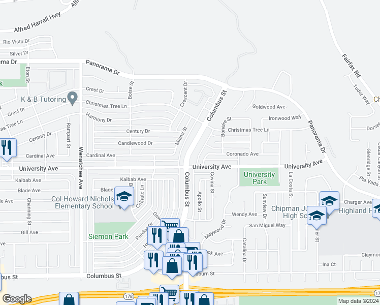 map of restaurants, bars, coffee shops, grocery stores, and more near 4236 Columbus Street in Bakersfield