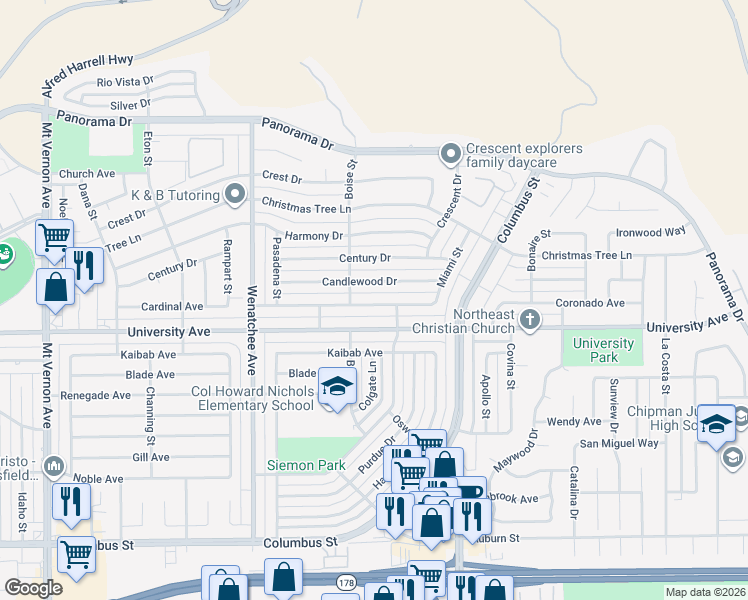 map of restaurants, bars, coffee shops, grocery stores, and more near 3600 Cardinal Avenue in Bakersfield