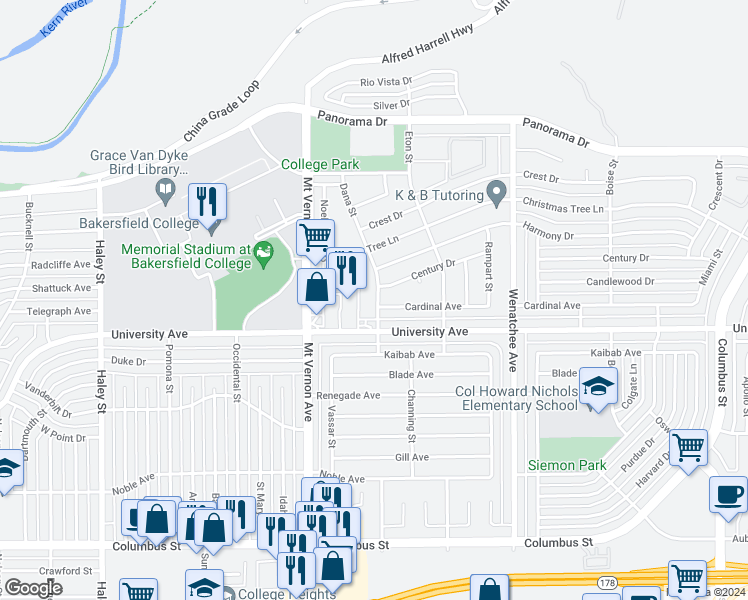 map of restaurants, bars, coffee shops, grocery stores, and more near 3600 Dana Street in Bakersfield