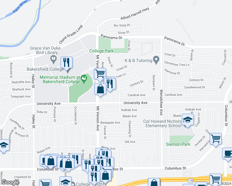 map of restaurants, bars, coffee shops, grocery stores, and more near 3600 Dana Street in Bakersfield