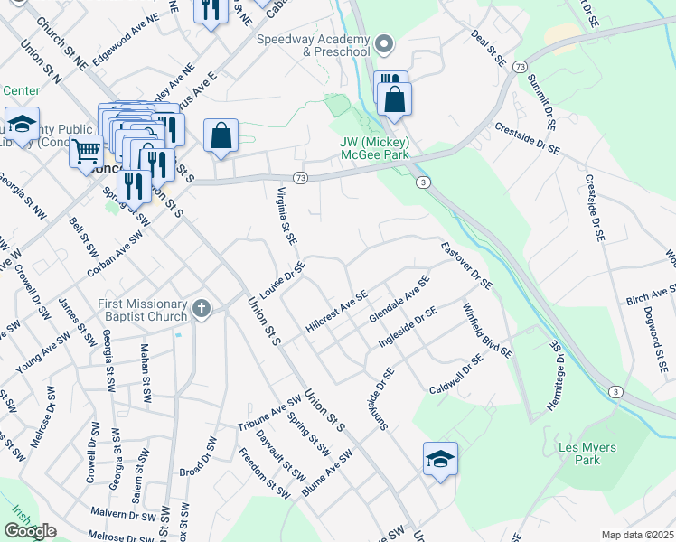 map of restaurants, bars, coffee shops, grocery stores, and more near 138 Louise Drive Southeast in Concord