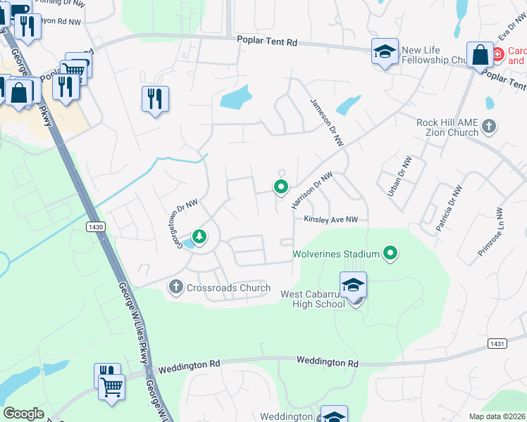 map of restaurants, bars, coffee shops, grocery stores, and more near 533 Montgrove Place Northwest in Concord