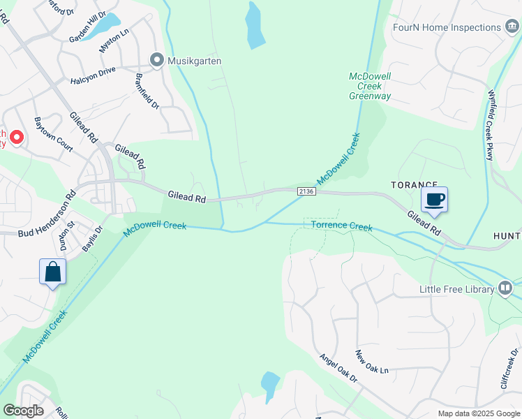 map of restaurants, bars, coffee shops, grocery stores, and more near 7914 Gilead Road in Huntersville