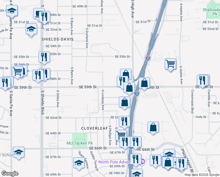 map of restaurants, bars, coffee shops, grocery stores, and more near 700 Southeast 59th Street in Oklahoma City