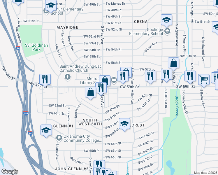 map of restaurants, bars, coffee shops, grocery stores, and more near 2840 Southwest 59th Street in Oklahoma City