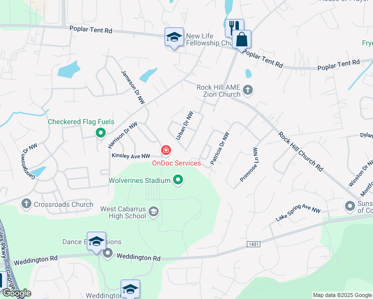 map of restaurants, bars, coffee shops, grocery stores, and more near 4015 Maderia Drive Northwest in Concord