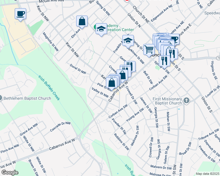 map of restaurants, bars, coffee shops, grocery stores, and more near 26 Pine Street Northwest in Concord