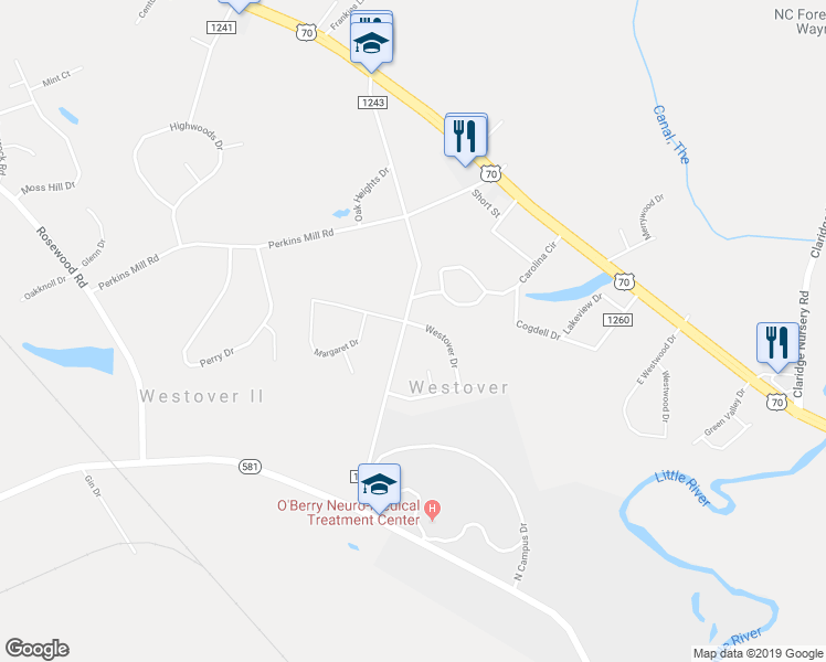 map of restaurants, bars, coffee shops, grocery stores, and more near 1812 Westover Drive in Goldsboro