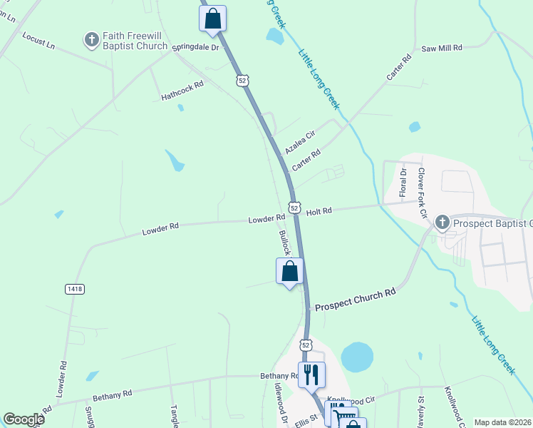 map of restaurants, bars, coffee shops, grocery stores, and more near 118 Lowder Road in Albemarle