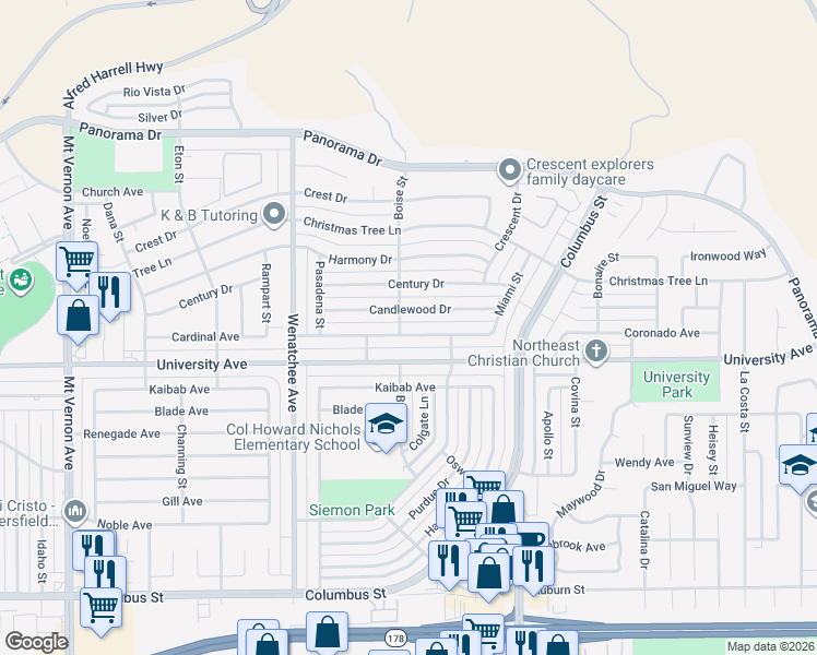 map of restaurants, bars, coffee shops, grocery stores, and more near 3500 Cardinal Avenue in Bakersfield