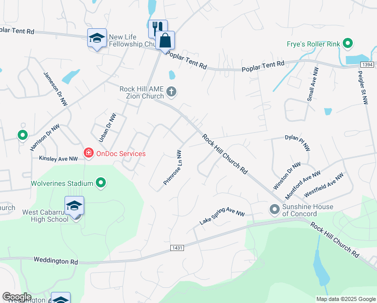 map of restaurants, bars, coffee shops, grocery stores, and more near 3581 Travis Lane Northwest in Concord