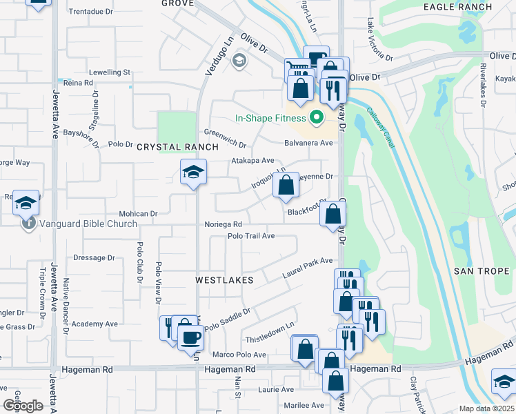 map of restaurants, bars, coffee shops, grocery stores, and more near 5017 Sioux Place in Bakersfield