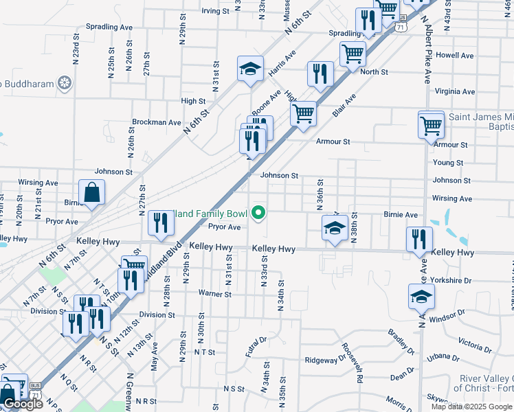 map of restaurants, bars, coffee shops, grocery stores, and more near 3209 Birnie Avenue in Fort Smith