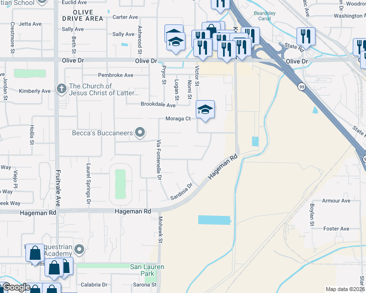 map of restaurants, bars, coffee shops, grocery stores, and more near 5513 Sicily Court in Bakersfield