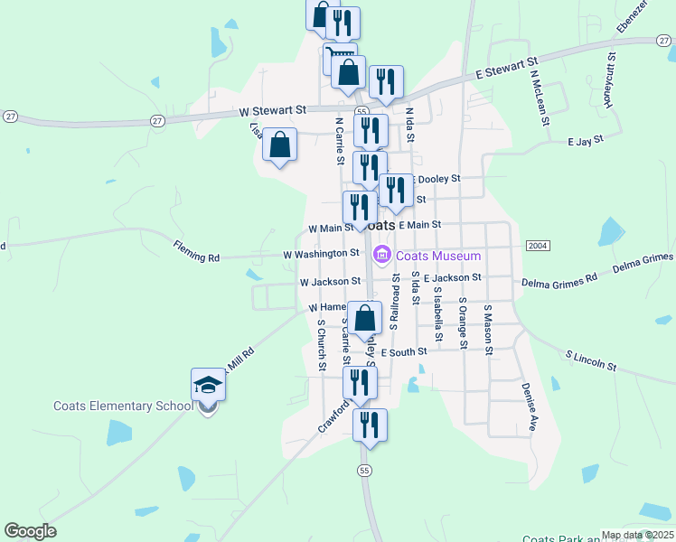 map of restaurants, bars, coffee shops, grocery stores, and more near 114 South Carrie Street in Coats