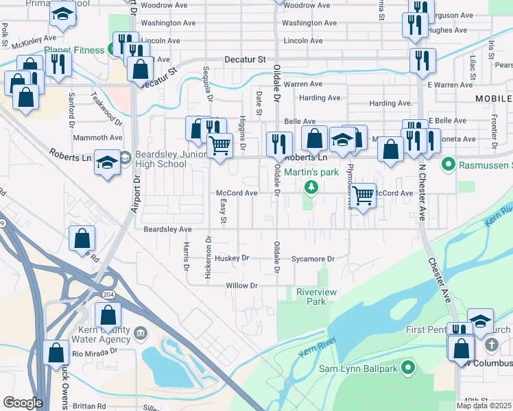 map of restaurants, bars, coffee shops, grocery stores, and more near 124 Bendix Street in Bakersfield
