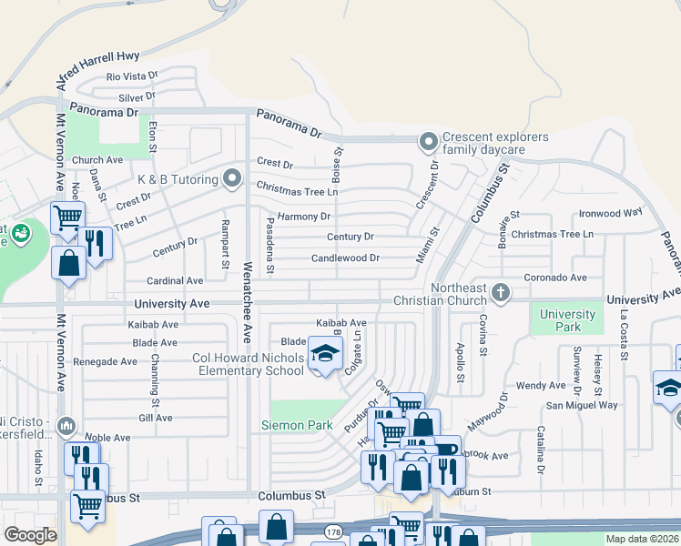 map of restaurants, bars, coffee shops, grocery stores, and more near 3500 Cardinal Avenue in Bakersfield