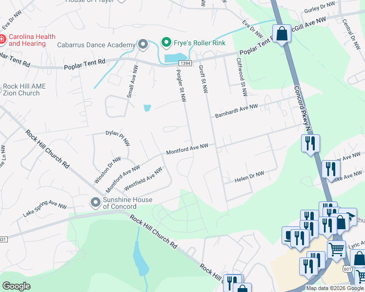 map of restaurants, bars, coffee shops, grocery stores, and more near 2632 Montford Avenue Northwest in Concord