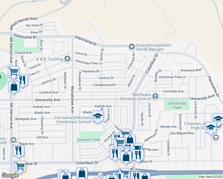 map of restaurants, bars, coffee shops, grocery stores, and more near 3600 Cardinal Avenue in Bakersfield