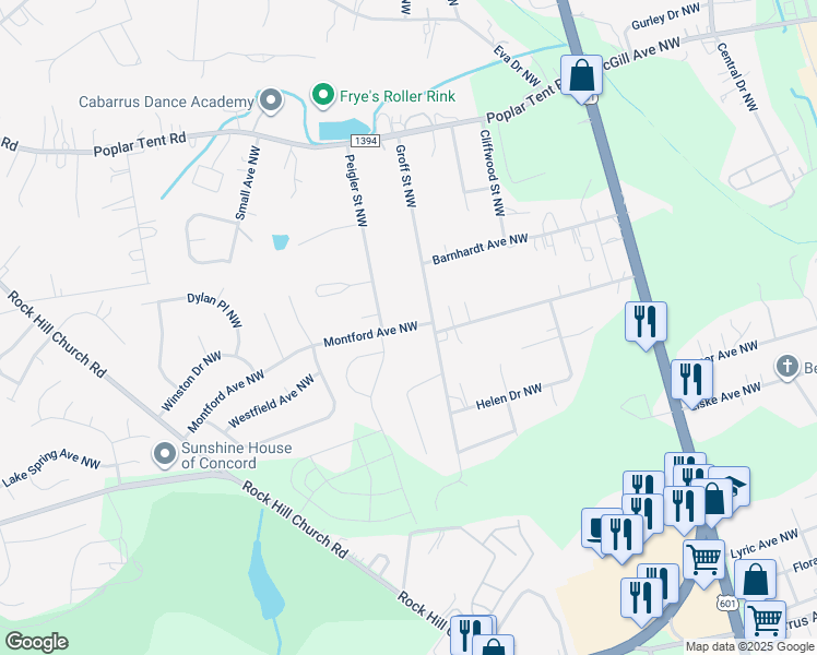 map of restaurants, bars, coffee shops, grocery stores, and more near Montford Avenue Northwest in Concord