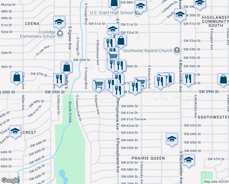map of restaurants, bars, coffee shops, grocery stores, and more near 2102 Southwest 59th Street in Oklahoma City