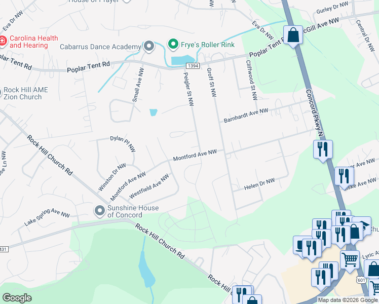 map of restaurants, bars, coffee shops, grocery stores, and more near 2632 Montford Avenue Northwest in Concord