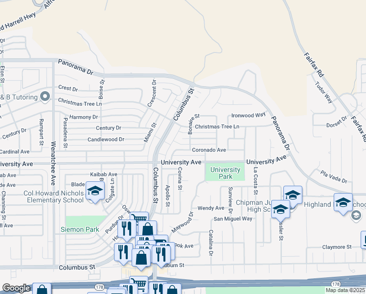map of restaurants, bars, coffee shops, grocery stores, and more near 4112 Coronado Avenue in Bakersfield