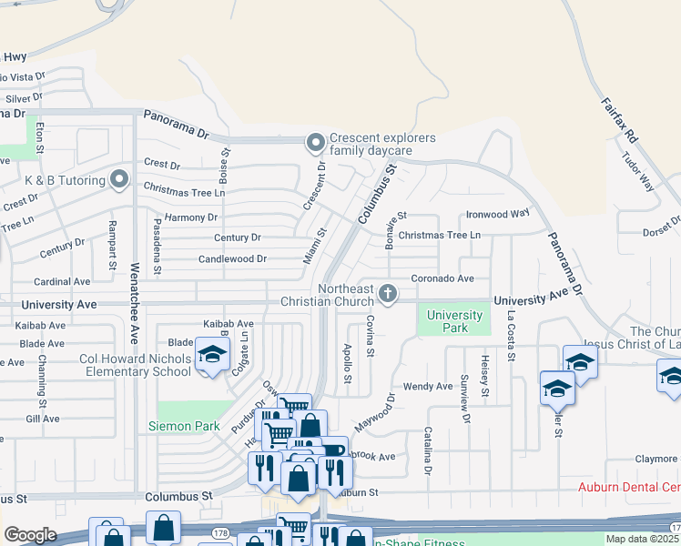 map of restaurants, bars, coffee shops, grocery stores, and more near 3512 Arcadia Street in Bakersfield