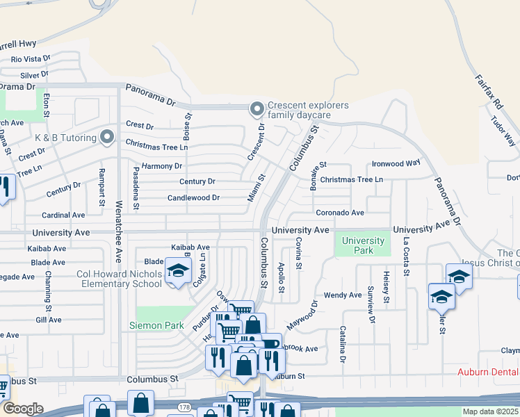 map of restaurants, bars, coffee shops, grocery stores, and more near 4236 Columbus Street in Bakersfield