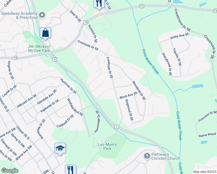 map of restaurants, bars, coffee shops, grocery stores, and more near 255 Brook Avenue Southeast in Concord