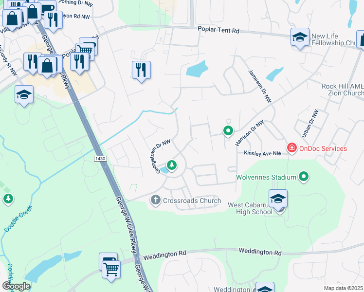 map of restaurants, bars, coffee shops, grocery stores, and more near 2537 Bellingham Drive Northwest in Concord