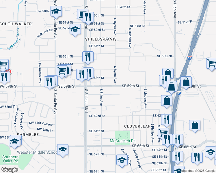map of restaurants, bars, coffee shops, grocery stores, and more near 326 Southeast 59th Street in Oklahoma City