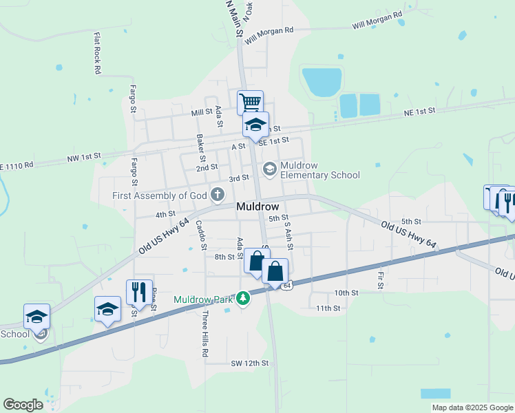 map of restaurants, bars, coffee shops, grocery stores, and more near in Muldrow