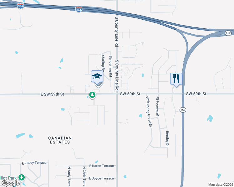 map of restaurants, bars, coffee shops, grocery stores, and more near 9301 Southwest 59th Street in Mustang