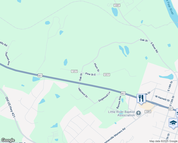 map of restaurants, bars, coffee shops, grocery stores, and more near 69 Pine St E in Lillington