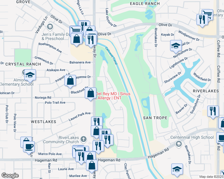 map of restaurants, bars, coffee shops, grocery stores, and more near 9503 Stonewall Lane in Bakersfield