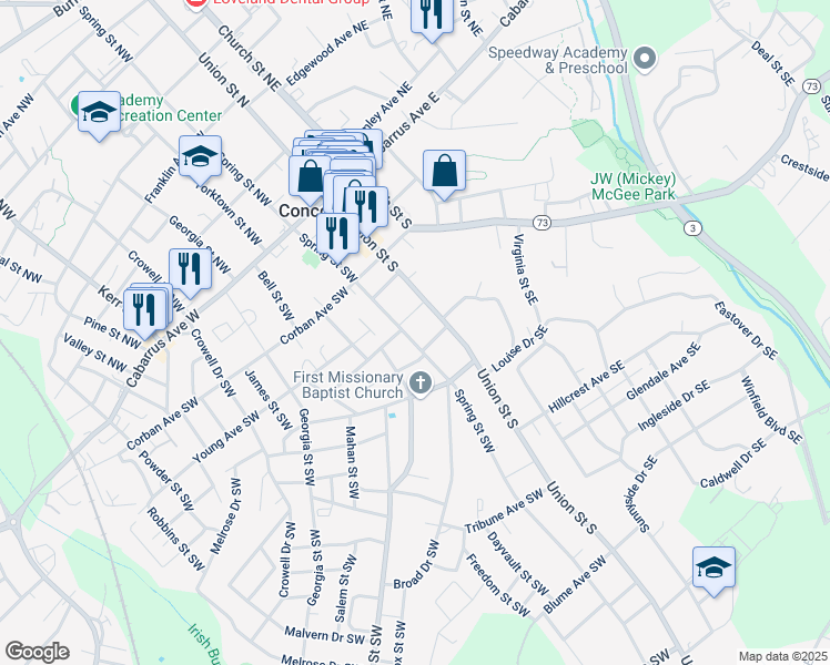 map of restaurants, bars, coffee shops, grocery stores, and more near 173 Spring Street Southwest in Concord