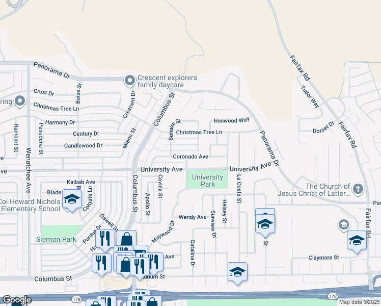 map of restaurants, bars, coffee shops, grocery stores, and more near 4304 Coronado Avenue in Bakersfield