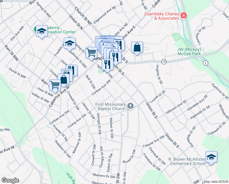 map of restaurants, bars, coffee shops, grocery stores, and more near 63 Young Avenue Southwest in Concord