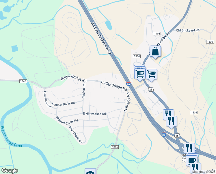 map of restaurants, bars, coffee shops, grocery stores, and more near 47 West End Road in Fletcher