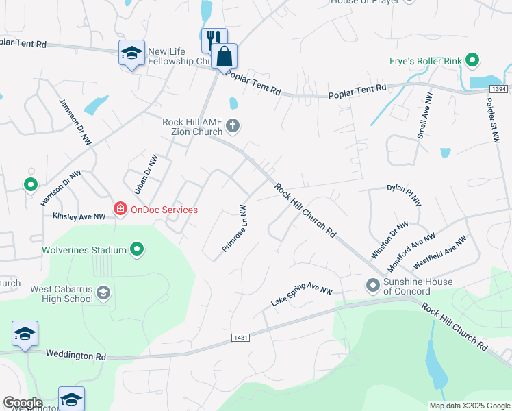 map of restaurants, bars, coffee shops, grocery stores, and more near 3581 Travis Lane Northwest in Concord