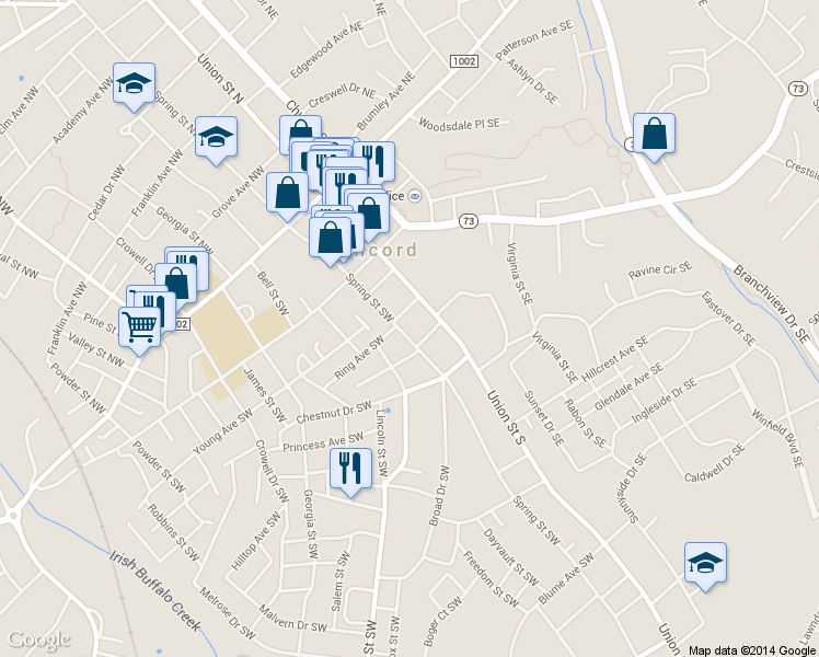 map of restaurants, bars, coffee shops, grocery stores, and more near 173 Spring Street Southwest in Concord