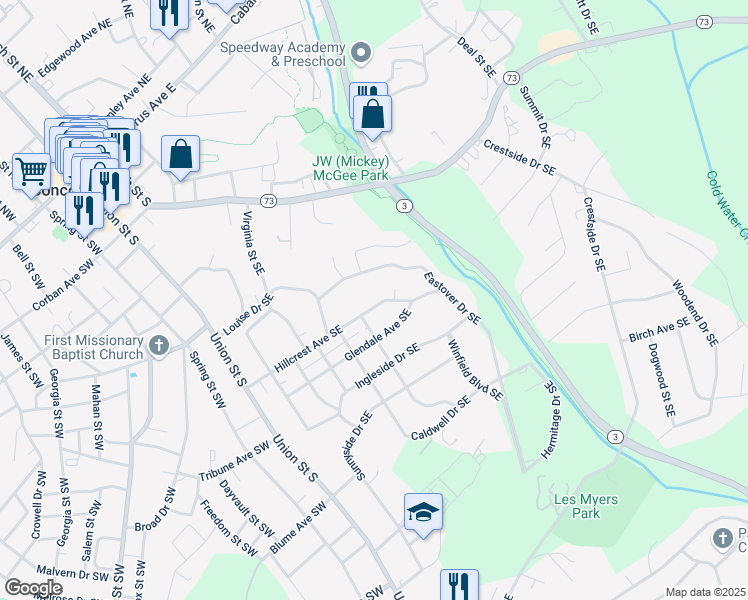 map of restaurants, bars, coffee shops, grocery stores, and more near 161 Hillcrest Avenue Southeast in Concord